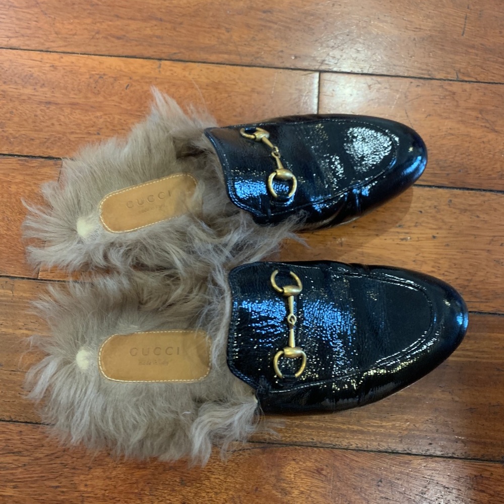 Gucci princetown leather fur slides size 36 black